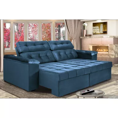 0 - Sofá New Itália 2,52m Retrátil e Reclinável Tecido Suede Azul