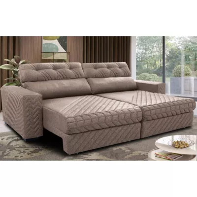 Sofá Retrátil e Reclinável 3,15m Molas Ensacadas Cama inBox Style Thermo Gel Linho Bege Escuro