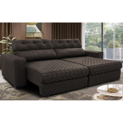 Sofá Retrátil e Reclinável 2,55m Molas Ensacadas Cama inBox Style Thermo Gel Linho Marrom