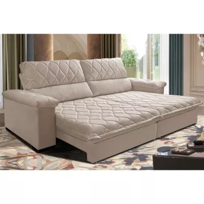 Sofá Retrátil e Reclinável 3,15m Molas Ensacadas Cama inBox Big Home com Bordado 3D Velusoft Bege