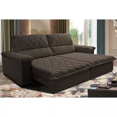 Sofá Retrátil e Reclinável 2,35m Molas Ensacadas Cama inBox Big Home com Bordado 3D Velusoft Café