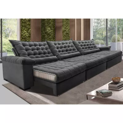 Sofá Retrátil e Reclinável 4,15m Molas Ensacadas Cama inBox Big Space com Bordado 3D Velusoft Cinza