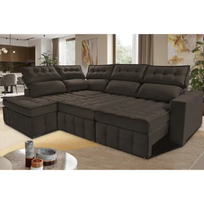 Sofá de Canto Esquerdo 2,65x2,30m Retrátil e Reclinável com Molas Ensacadas Cama inBox Nobre Café
