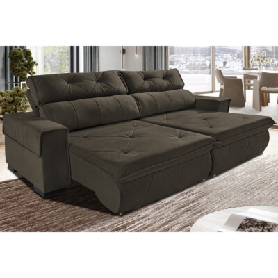 Sofá Retrátil e Reclinável 2,50m Cama inBox Tókio com Molas e Bordado 3D Velusoft Café