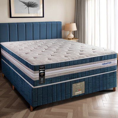 Cama Box Casal Colchão + Box 138x188x70 com Molas Ensacadas Robust 220 Azul Cama inBox
