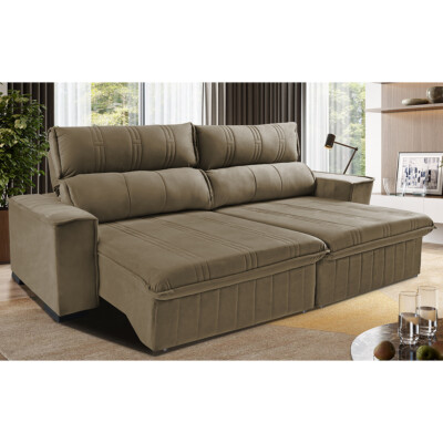 Sofá Retrátil e Reclinável 2,30m Cama inBox Flórida com Molas e Bordado 3D Velusoft Castor