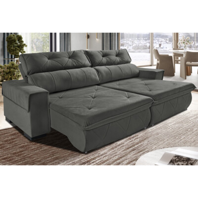 Sofá Retrátil e Reclinável 2,50m Cama inBox Tókio com Molas e Bordado 3D Velusoft Cinza