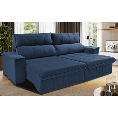 Sofá Retrátil e Reclinável 2,30m Cama inBox Flórida com Molas e Bordado 3D Velusoft Azul