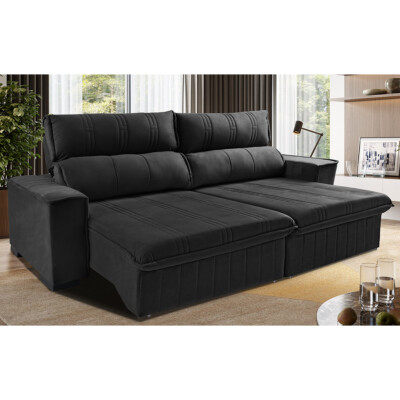 Sofá Retrátil e Reclinável 2,30m Cama inBox Flórida com Molas e Bordado 3D Velusoft Preto