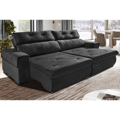 Sofá Retrátil e Reclinável 2,50m Cama inBox Tókio com Molas e Bordado 3D Velusoft Preto