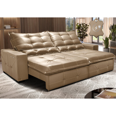 Sofá de Couro Elétrico Retrátil 2,55m Cama inBox Gran Toro SoftGel D40 Bege