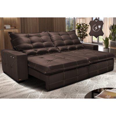 Sofá de Couro Elétrico Retrátil 2,55m Cama inBox Gran Toro SoftGel D40 Marrom