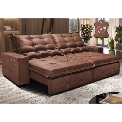 Sofá de Couro Elétrico Retrátil 2,95m Cama inBox Gran Toro SoftGel D40 Caramelo