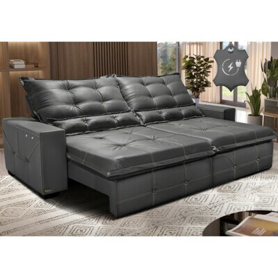 Sofá de Couro Elétrico Retrátil 2,15m Cama inBox Gran Toro SoftGel D40 Cinza