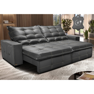 Sofá de Couro Elétrico Retrátil 3,15m Cama inBox Gran Toro SoftGel D40 Cinza