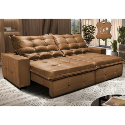 Sofá de Couro Elétrico Retrátil 2,75m Cama inBox Gran Toro SoftGel D40 Mel