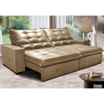 Sofá de Couro Legítimo Retrátil e Reclinável 2,95m Cama inBox Toro SoftGel D40 Bege