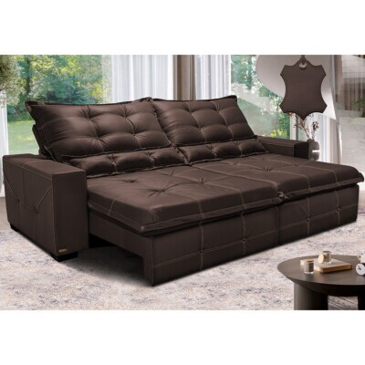 Sofá de Couro Legítimo Retrátil e Reclinável 3,15m Cama inBox Toro SoftGel D40 Marrom