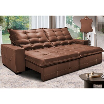 Sofá de Couro Legítimo Retrátil e Reclinável 2,95m Cama inBox Toro SoftGel D40 Caramelo