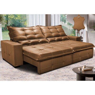 Sofá de Couro Legítimo Retrátil e Reclinável 2,55m Cama inBox Toro SoftGel D40 Mel