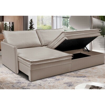 Sofá Sem Caixa Retrátil Baú 1,55m Lounge Linho Bege Claro Cama inBox