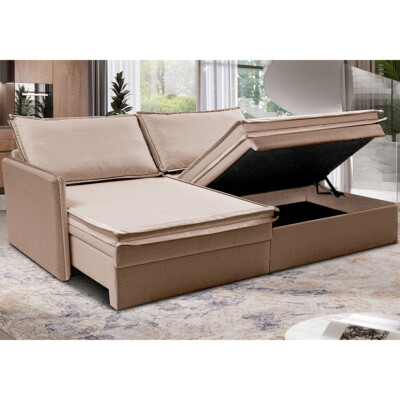Sofá Sem Caixa Retrátil Baú 1,95m Lounge Linho Bege Escuro Cama inBox