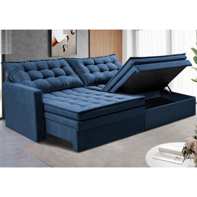 Sofá Sem Caixa Retrátil Baú 1,60m Cama inBox Secret Suede Velusoft Azul