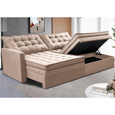 Sofá Sem Caixa Retrátil Baú 1,80m Cama inBox Secret Suede Velusoft Bege