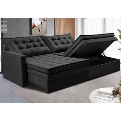 Sofá Sem Caixa Retrátil Baú 2,00m Cama inBox Secret Suede Velusoft Preto