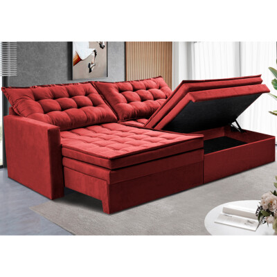 Sofá Sem Caixa Retrátil Baú 1,80m Cama inBox Secret Suede Velusoft Vermelho