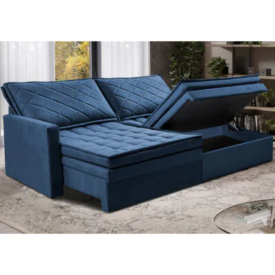 Sofá Sem Caixa Retrátil Baú 1,60m Cama inBox Locker Suede Velusoft Azul 