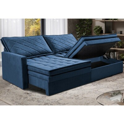 Sofá Sem Caixa Retrátil Baú 2,00m Cama inBox Locker Suede Velusoft Azul