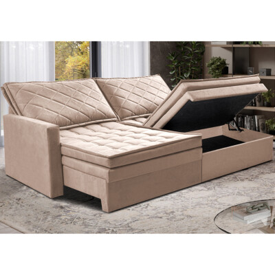 Sofá Sem Caixa Retrátil Baú 1,60m Cama inBox Locker Suede Velusoft Bege