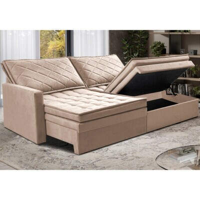 Sofá Sem Caixa Retrátil Baú 2,00m Cama inBox Locker Suede Velusoft Bege