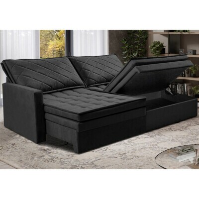 Sofá Sem Caixa Retrátil Baú 2,00m Cama inBox Locker Suede Velusoft Preto