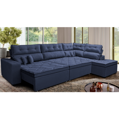 Sofá de Canto Retrátil e Reclinável Direito 3,00x2,36m Molas Cama inBox Espanha Velusoft Azul