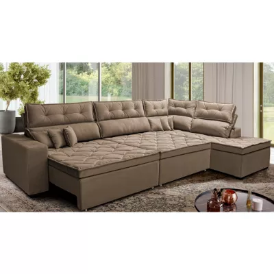 Sofá de Canto Retrátil e Reclinável Direito 3,00x2,36m Molas Cama inBox Espanha Velusoft Castor