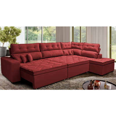 Sofá de Canto Retrátil e Reclinável Direito 3,00x2,36m Molas Cama inBox Espanha Velusoft Vermelho