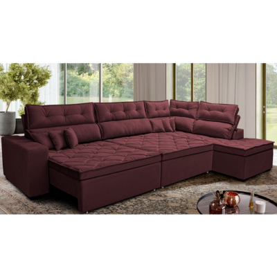 Sofá de Canto Retrátil e Reclinável Direito 3,00x2,36m Molas Cama inBox Espanha Velusoft Vinho
