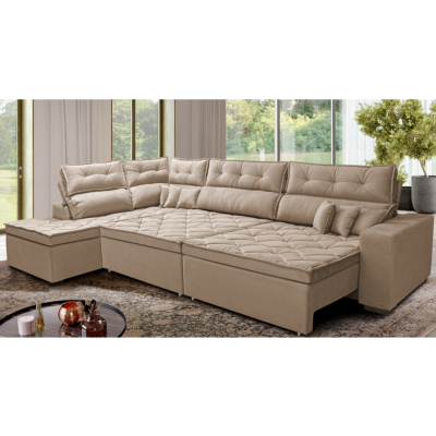Sofá de Canto Retrátil e Reclinável Esquerdo 3,00x2,36m Molas Cama inBox Espanha Velusoft Bege