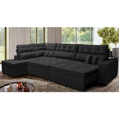 Sofá de Canto Retrátil e Reclinável Esquerdo 3,00x2,36m Molas Cama inBox Espanha Velusoft Preto