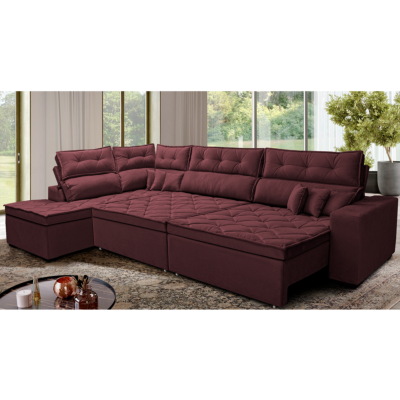Sofá de Canto Retrátil e Reclinável Esquerdo 3,40x2,36m Molas Cama inBox Espanha Velusoft Vinho