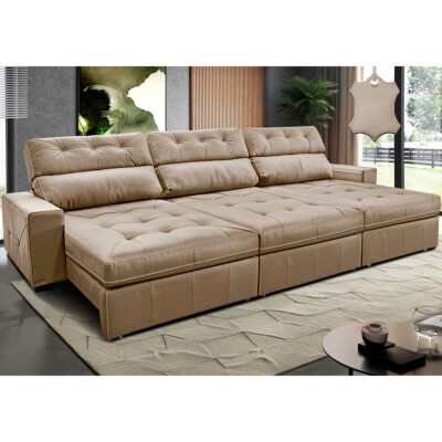 Sofá de Couro Legítimo Retrátil e Reclinável 3,55m Cama inBox Vitaly SoftGel D40 Bege