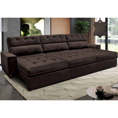 Sofá de Couro Legítimo Retrátil e Reclinável 3,55m Cama inBox Vitaly SoftGel D40 Marrom