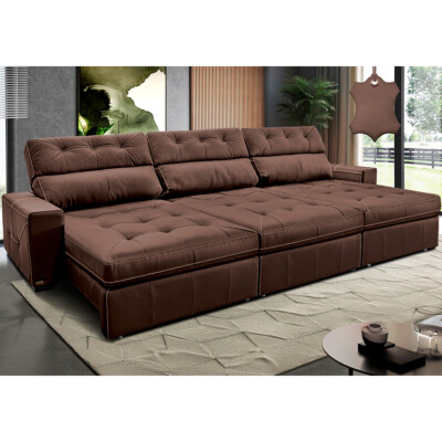 Sofá de Couro Legítimo Retrátil e Reclinável 4,15m Cama inBox Vitaly SoftGel D40 Caramelo