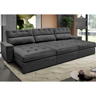 Sofá de Couro Legítimo Retrátil e Reclinável 3,85m Cama inBox Vitaly SoftGel D40 Cinza