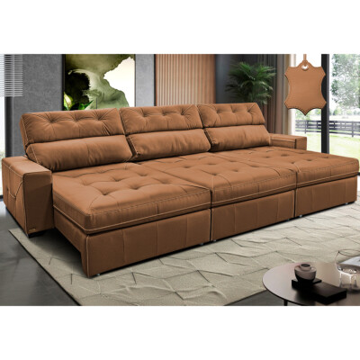 Sofá de Couro Legítimo Retrátil e Reclinável 3,85m Cama inBox Vitaly SoftGel D40 Mel