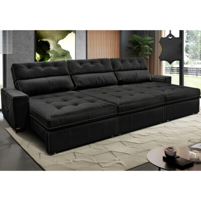 Sofá de Couro Legítimo Retrátil e Reclinável 4,15m Cama inBox Vitaly SoftGel D40 Preto