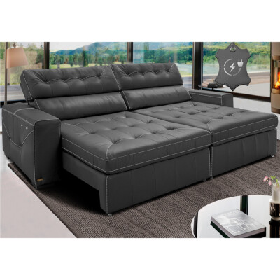 Sofá de Couro Elétrico Retrátil 2,55m Cama inBox Gran Vitaly SoftGel D40 Cinza