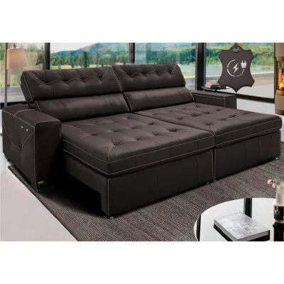 Sofá de Couro Elétrico Retrátil 2,75m Cama inBox Gran Vitaly SoftGel D40 Marrom